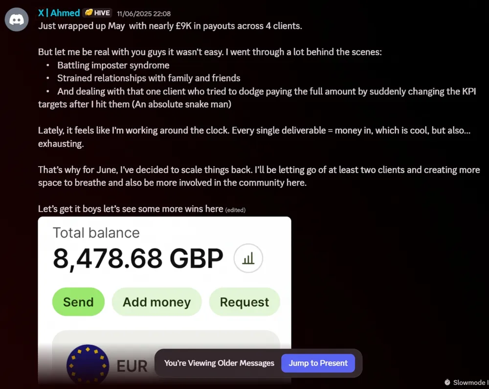 Ahmedu2019s Discord post: nearly u00a39K in payouts across 4 clients, total balance 8,478.68 GBP