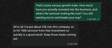 WhatsApp message from Chris Mullen, WeSupplyMarketing: put about 25k into the company and hit 180k turnover, keep those leads coming